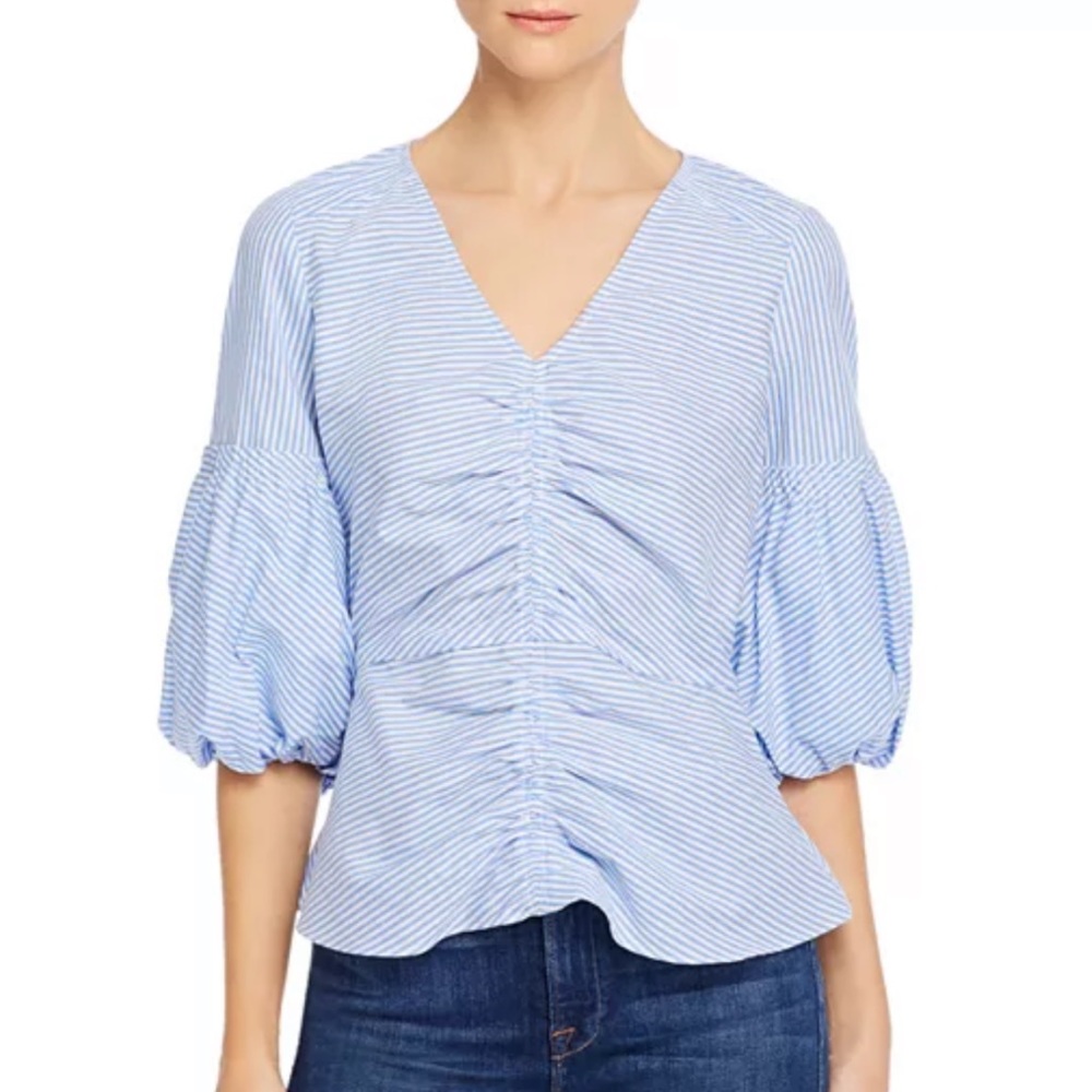 PARKER blue and white coastal stripe Dita ruched peplum top XS